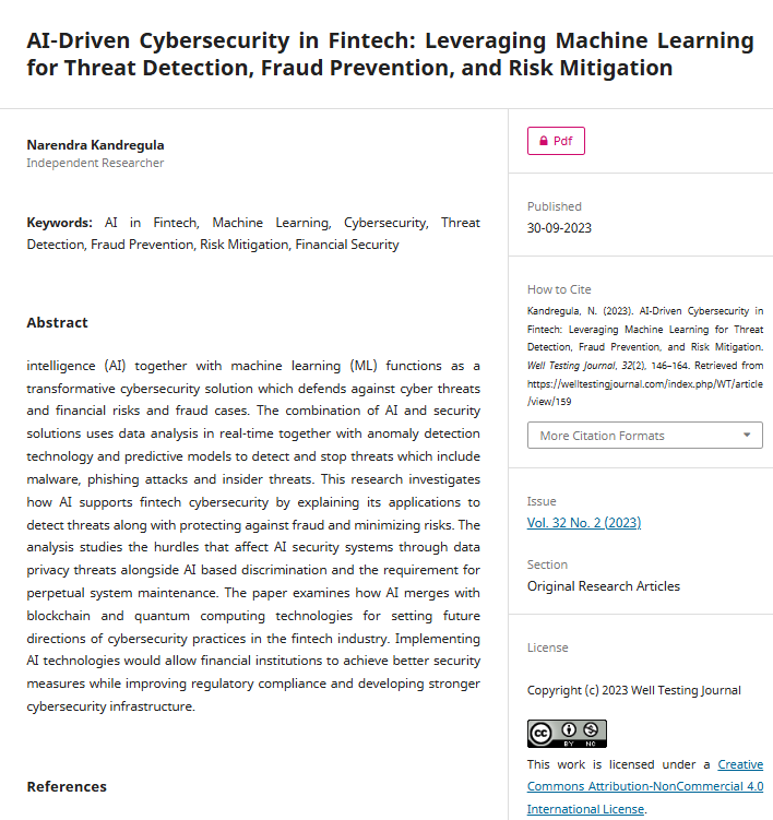 Article: AI-Driven Cybersecurity in Fintech: Leveraging Machine Learning for Threat Detection, Fraud Prevention, and Risk Mitigation