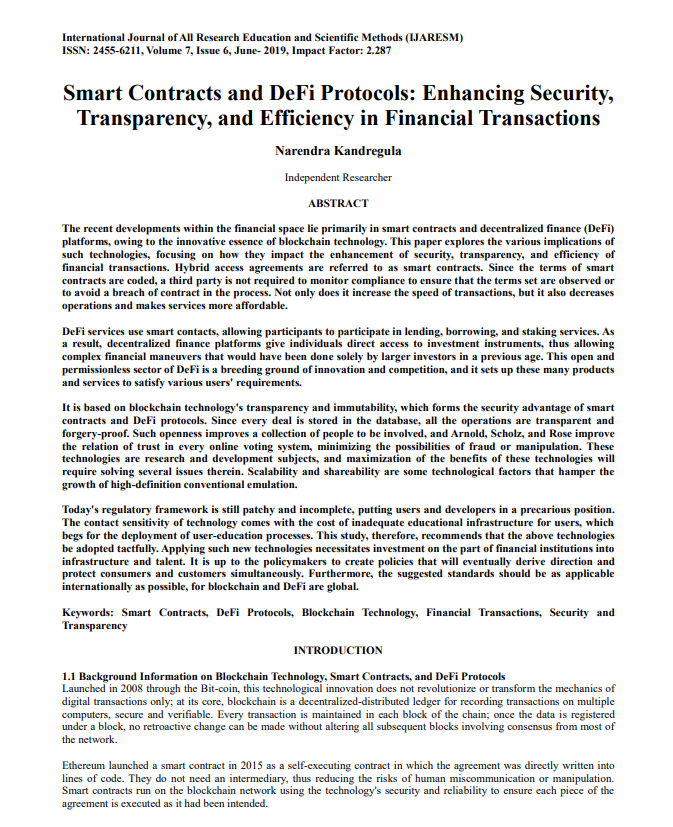 Article: Smart Contracts and DeFi Protocols: Enhancing Security, Transparency, and Efficiency in Financial Transactions