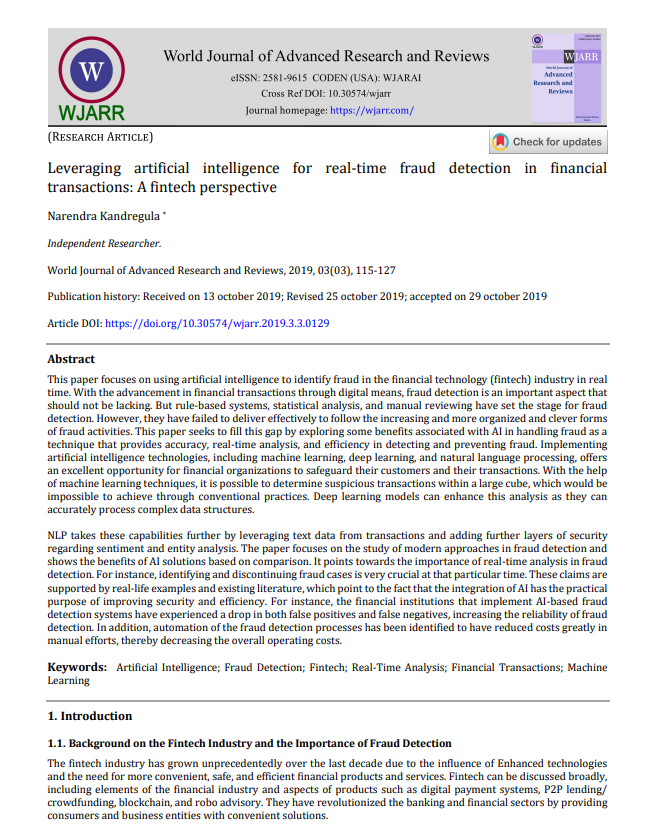 Article: Leveraging Artificial Intelligence for Real-Time Fraud Detection in Financial Transactions: A Fintech Perspective