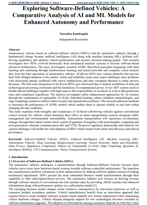 Article: Exploring Software-Defined Vehicles: A Comparative Analysis of AI and ML Models for Enhanced Autonomy and Performanc